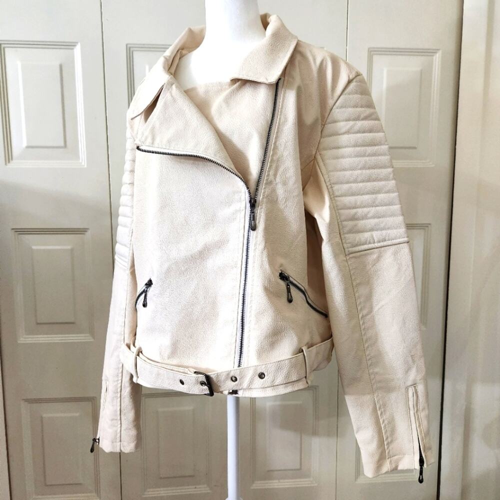 FAUX LEATHER MOTO JACKET VINTAGE STYLE Cream Off White Biker Boohoo Size 14